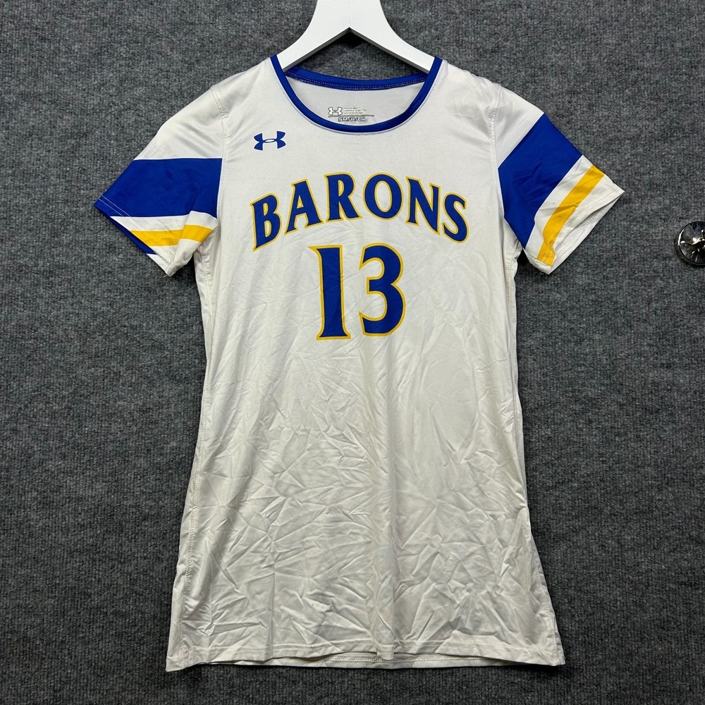 Under Armour Barons #13 Soccer Jersey Women's White Blue Yellow Short Sleeve - S